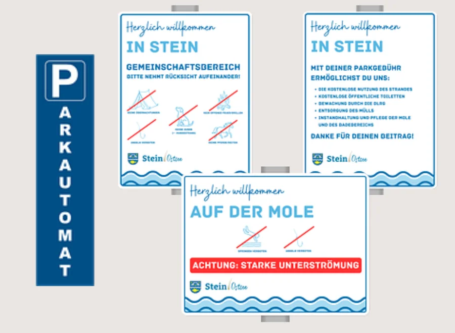 Informationsschilder für den Strandbereich der Gemeinde Stein/Ostsee, gedruckt von Happy Print