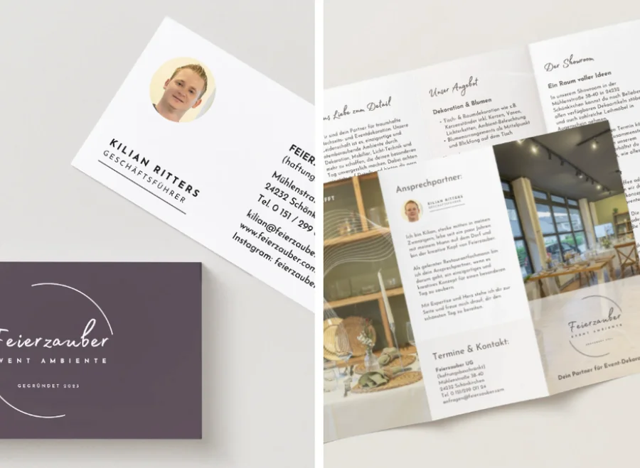 Visitenkarten und gefalteter Flyer für den Eventdekorateur Feierzauber, gedruckt von Happy Print