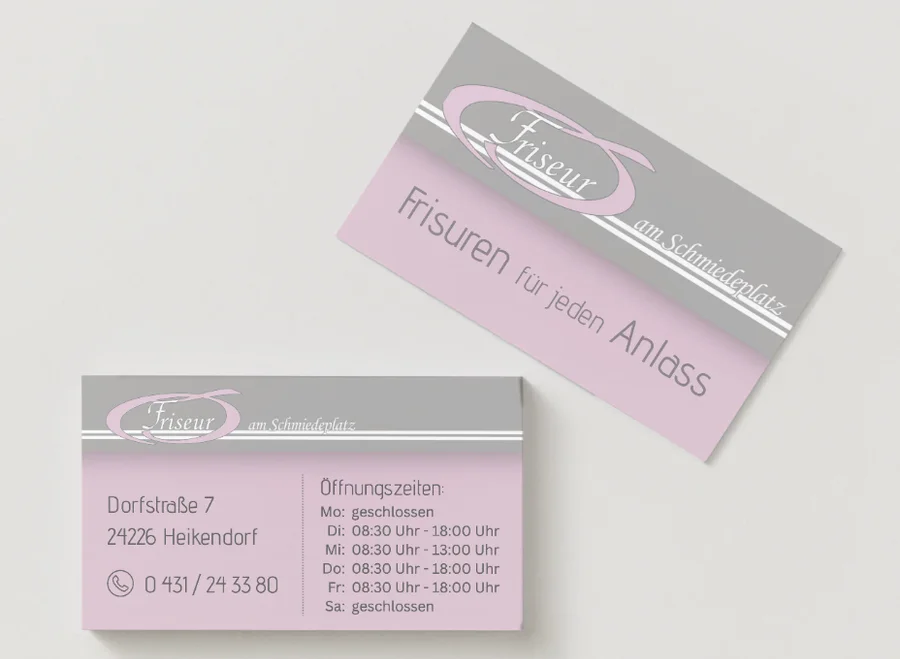 Visitenkarten für den Friseursalon „Friseur am Schmiedeplatz“ in Heikendorf, gedruckt von Happy Print
